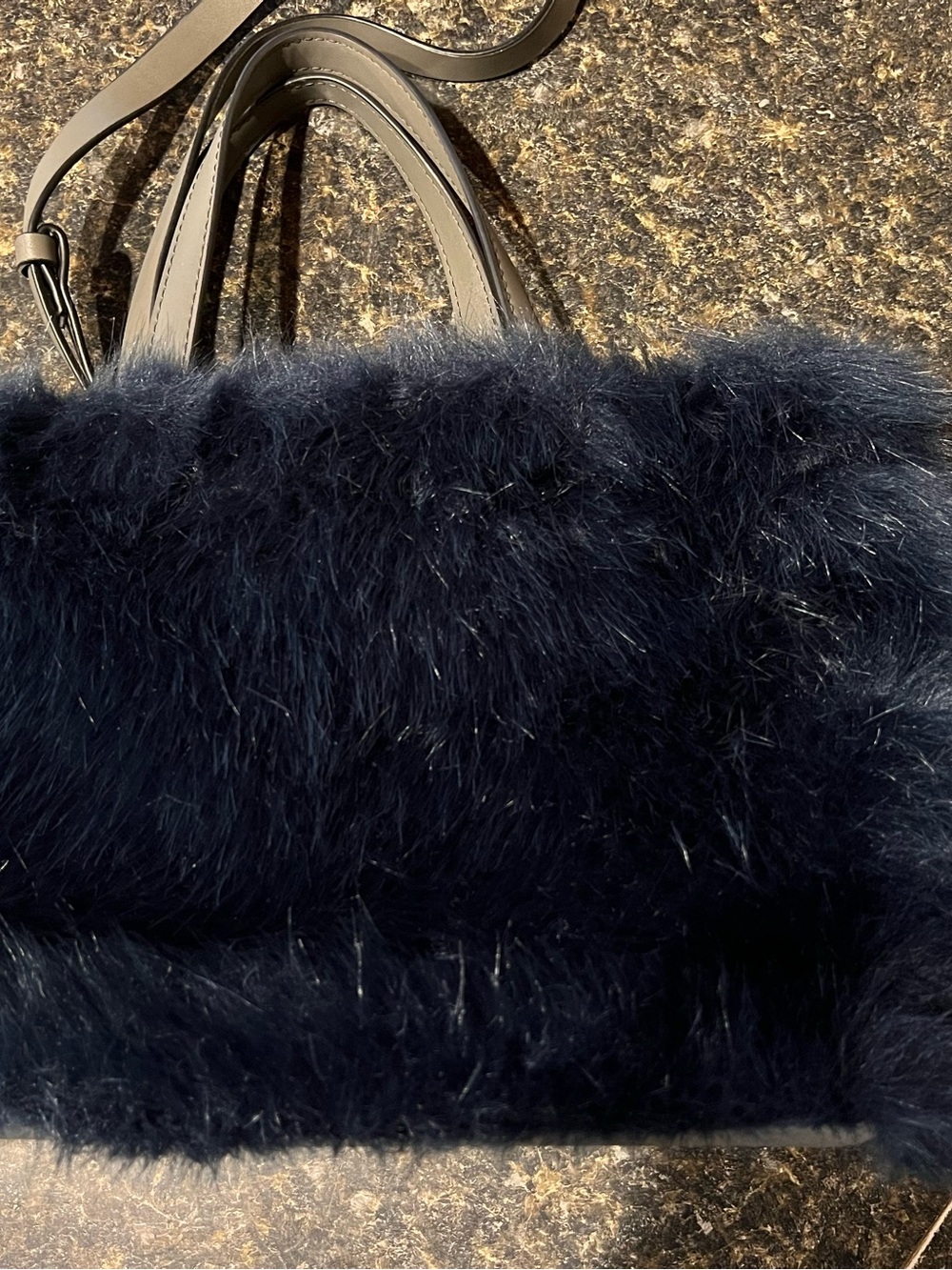 French Connection Navy Faux Fur Tote with Leather Straps